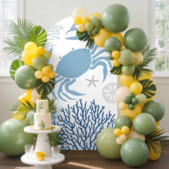 Summer Arch Backdrop Cover, 4FT, Navy Blue Crab Coral Seashell Nautical Coastal Ocean Spandex Arch Covers Double-Sided Backdrop for Wedding Birthday Party Photo Background Decoration