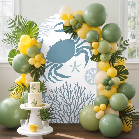 Summer Arch Backdrop Cover, 4FT, Teal Green Crab Coral Seashell Nautical Coastal Ocean Spandex Arch Covers Double-Sided Backdrop for Wedding Birthday Party Photo Background Decoration