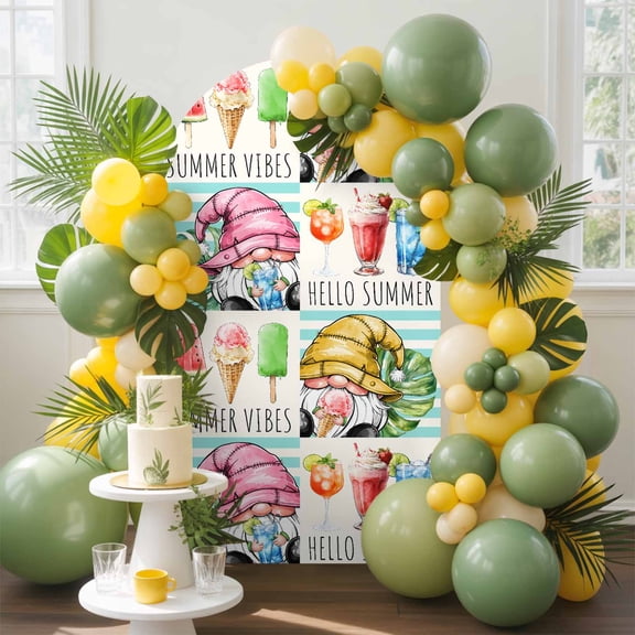 Summer Arch Backdrop Cover, 5FT, Gnome Ice Cream Drink Tropical Watercolor Spandex Arch Covers Double-Sided Backdrop for Wedding Birthday Party Photo Background Decoration