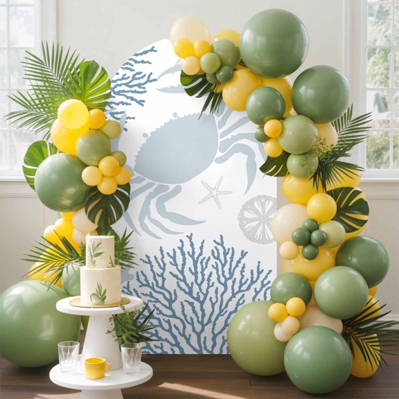 Summer Arch Backdrop Cover, 6.6FT, Blue Grey Crab Coral Seashell Nautical Coastal Ocean Spandex Arch Covers Double-Sided Backdrop for Wedding Birthday Party Photo Background Decoration