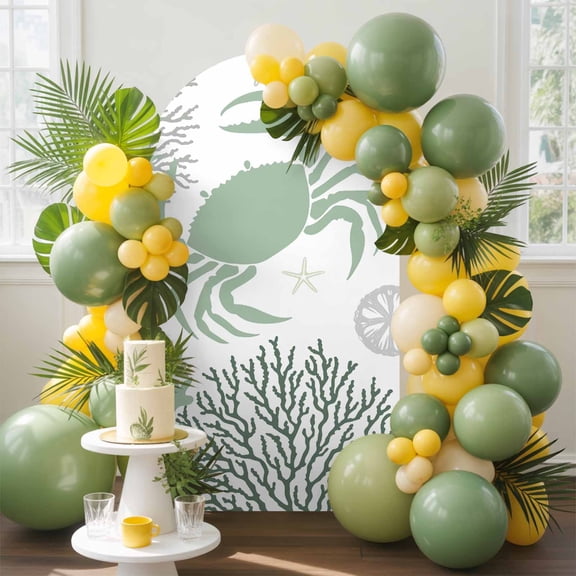 Summer Arch Backdrop Cover, 6FT, Sage Green Crab Coral Seashell Nautical Coastal Ocean Spandex Arch Covers Double-Sided Backdrop for Wedding Birthday Party Photo Background Decoration