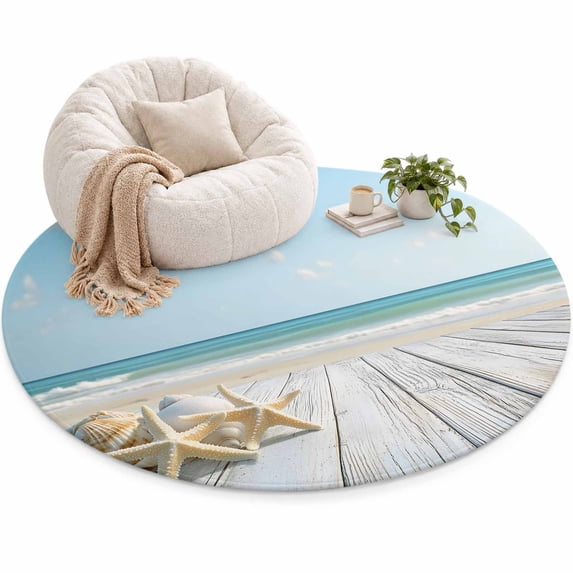Summer Area Rug 5', Blue Beach Ocean Starfish Shell Plank Soft Mat Non ...