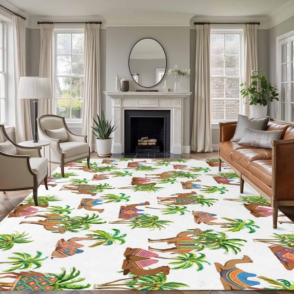 Summer Area Rug 8x10 Washable Rug Non Slip Botanical Tropical Plants Camels Palm Tree Animals Large Area Rug Soft Stainresistant Indoor Floor Carpet for Living Room Bedroom Home Office Dining Room