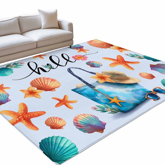 Summer Area Rug, Beach Bag Seashell Starfish Sunglasses Blue Non-Slip Felt Rubber Backing Rectangle Indoor Carpet Washable Rugs for Living Room Bedroom 9x12