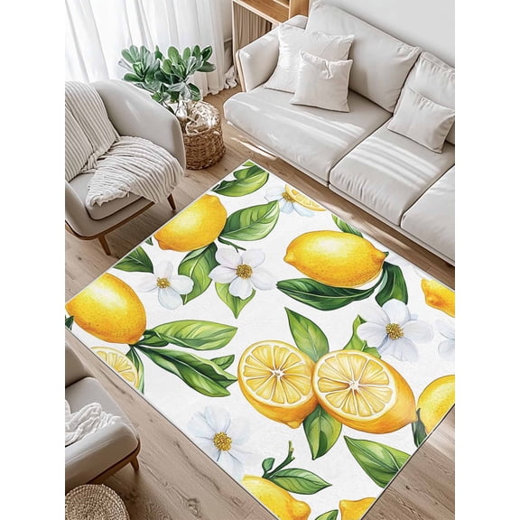 Summer Area Rug for Bedroom 4x6 Ft Lemon Jasmine Floral Leaves Watercolor Fruit Super Soft fuzzy Throw Rug Non-Slip Fluffy Plush Indoor Floor Carpet for Living Room Nursery Home Decor