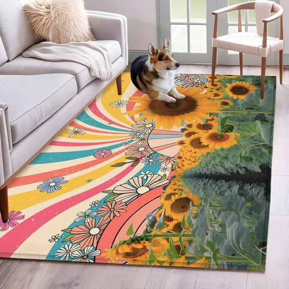 Summer Area Rugs 3x5 ft Abstract Cartoon Realistic Sunflowers Rainbows Patchwork Washable Rug Non Slip Indoor Carpet Absorbent Floor Mat for Living Room Bedroom Dining Room