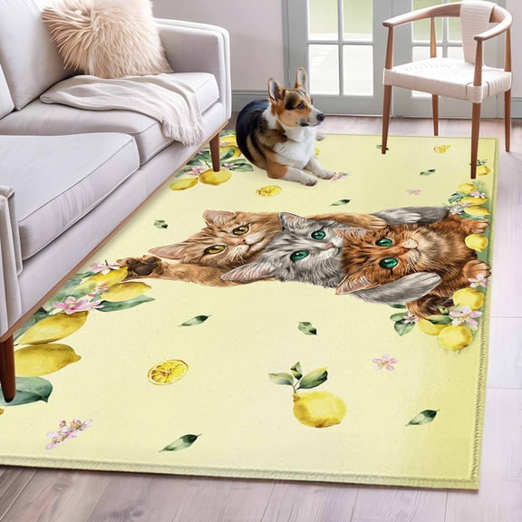 Summer Area Rugs 4x6 ft Three Cute Cats with Lemons Fruit Leaves Yellow Theme Washable Rug Non Slip Indoor Carpet Absorbent Floor Mat for Living Room Bedroom Dining Room