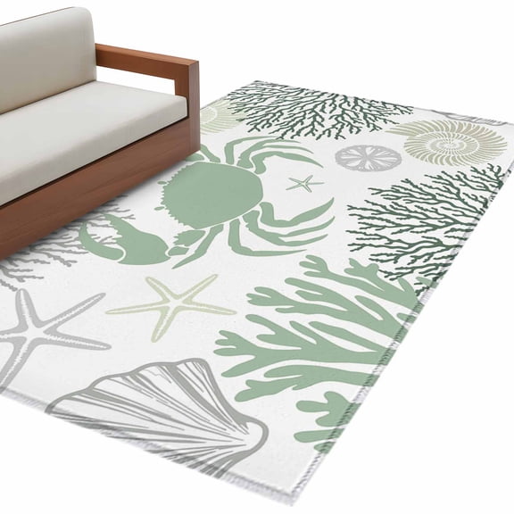 Summer Area&nbsp;Rug 4x6ft Sage Green Crab Coral Seashell Nautical Coastal Ocean Non-Slip&nbsp;Washable Square&nbsp;Rugs Soft Felt Indoor Floor Mat for Bedroom Kitchen Living Room Bathroom