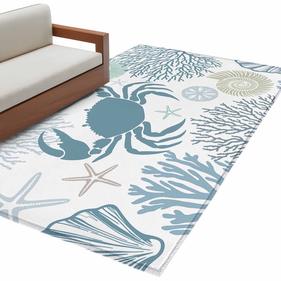 Summer Area Rug 4x6ft Teal Green Crab Coral Seashell Nautical Coastal Ocean Non-Slip Washable Square Rugs Soft Felt Indoor Floor Mat for Bedroom Kitchen Living Room Bathroom
