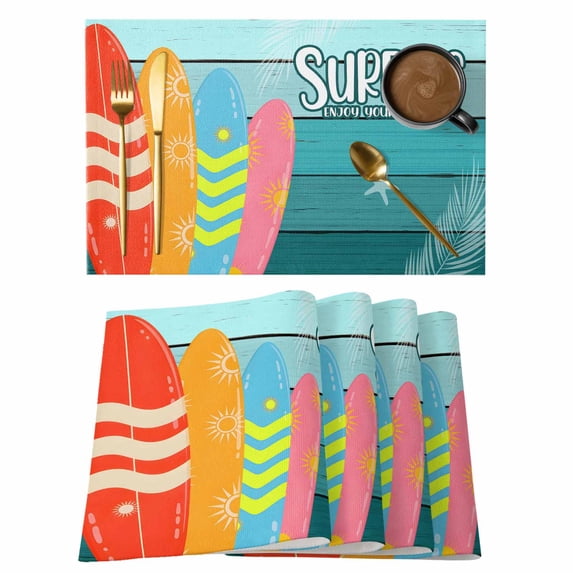 Summer Art Placemats Set of 2 Retro Surfboard Starfish Blue Wood Grain Heat Insulation Washable Place Mats, Non-Slip Table Mats for Dining Table Party Kitchen Decor,13x19 Inch
