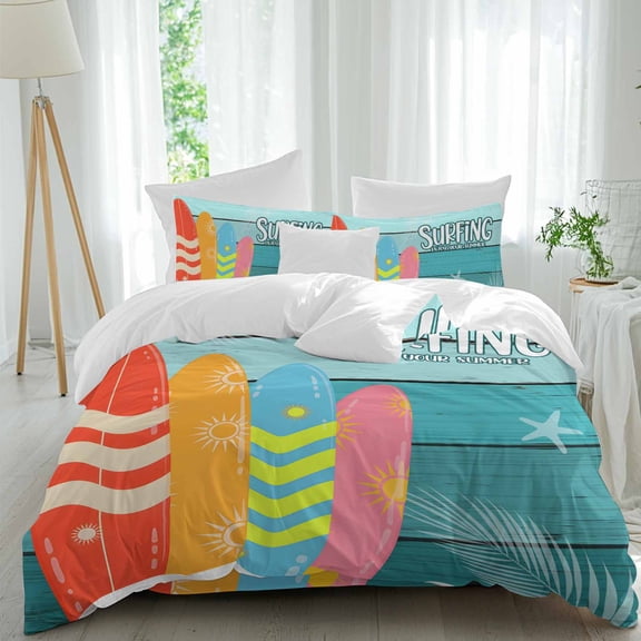 Summer Art Twin Size Comforter Set, Retro Surfboard Starfish Blue Wood Grain Bedding for All Seasons, 4 Pcs Bed Set, 1 Quiltcover (68"x86") ,1Sheet(67"x116"), 2Pillowcases (30"x20")