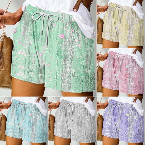 Summer Athletic Elastic Casual Shorts Workout Shorts Women's Summer Printed Pocket Bandage Shorts Casual Pants Mint Green M
