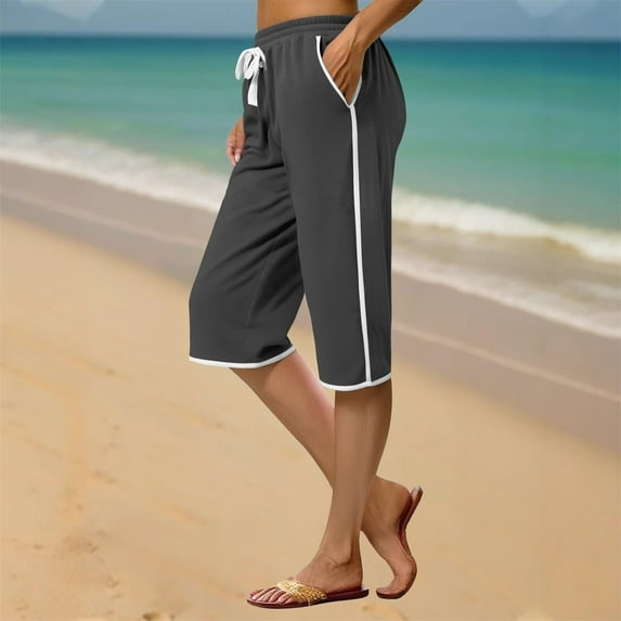 Summer Athletic Shorts For Women Solid Drawstring Elastic Waist Loose Bicycle Shorts Beach Shorts With Pockets - Gray∣2XL