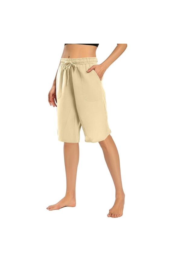 Summer Athletic Shorts For Women With Pockets Solid Color Elastic Waist Drawstring And Linen Five Quarter Bicycle Shorts Beach Shorts ( Khaki—M )