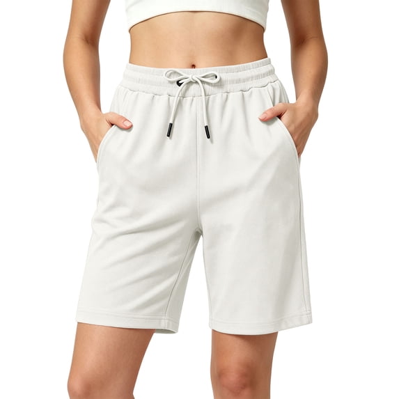 Summer Athletic Shorts for Women Drawstring Elastic Waist Casual Shorts Soft Cotton Knee Length Shorts with Pocket Summer Outdoor Short Pants Loose Comfort Short Bottoms
