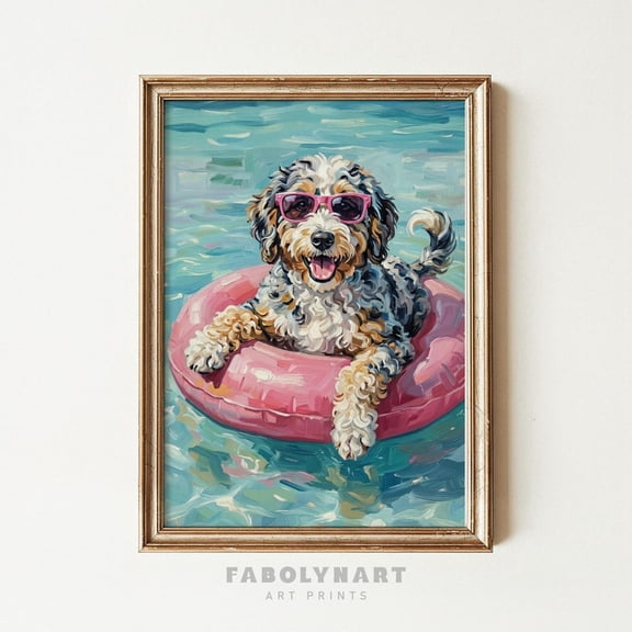 Summer Aussiedoodle Swimming Pool Dog Doodle Dog Owner Graphic Poster Unframed Paper Print