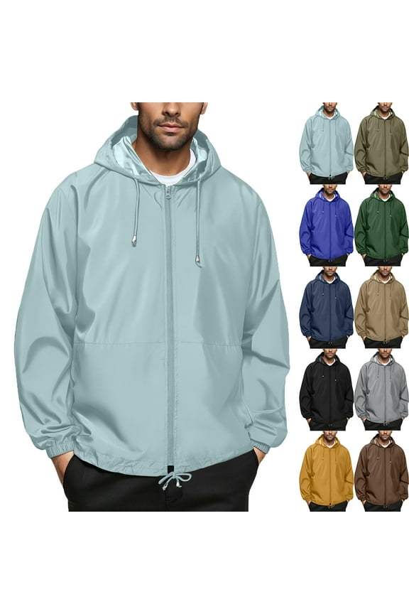 Summer Autumn Mens Rain Jacket Raincoat Windbreaker Running Waterproof Lightweight Packable with Hood Travel Hiking Cycling Trendy Coat for Outdoors Activities Plus Size