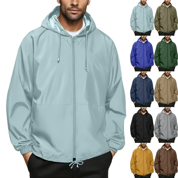 Summer Autumn Mens Rain Jacket Raincoat Windbreaker Running Waterproof Lightweight Packable with Hood Travel Hiking Cycling Trendy Coat for Outdoors Activities Plus Size