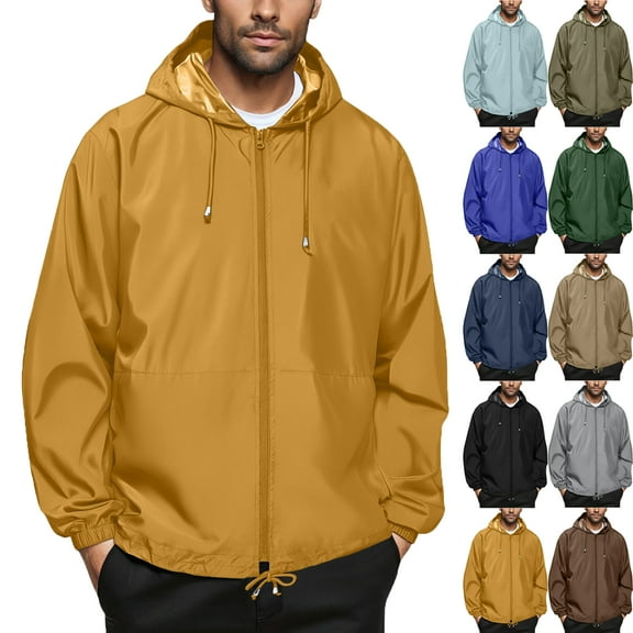 Summer Autumn Mens Rain Jacket Raincoat Windbreaker Running Waterproof Lightweight Packable with Hood Travel Hiking Cycling Trendy Coat for Outdoors Activities Plus Size