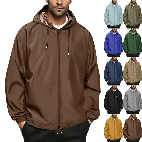 Summer Autumn Mens Rain Jacket Raincoat Windbreaker Running Waterproof Lightweight Packable with Hood Travel Hiking Cycling Trendy Coat for Outdoors Activities Plus Size