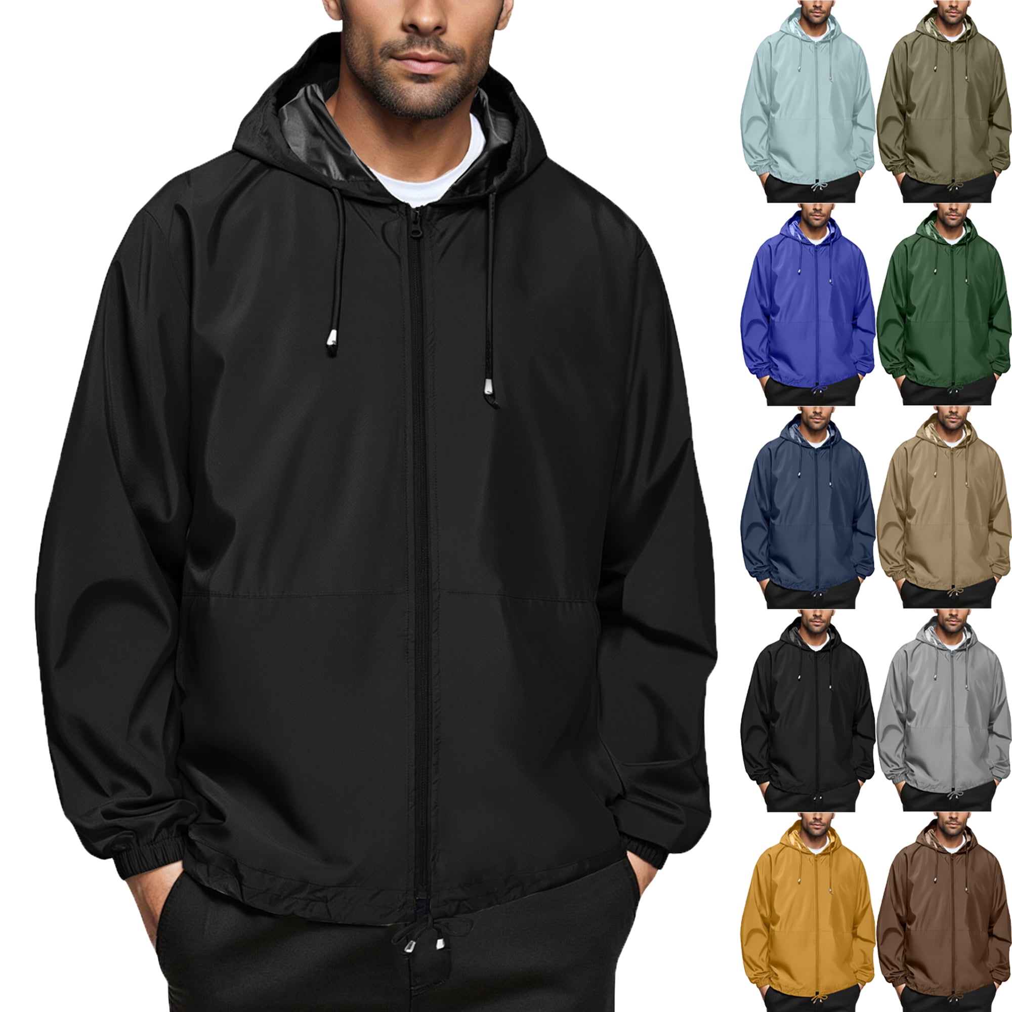 Summer Autumn Mens Rain Jacket Raincoat Windbreaker Running Waterproof Lightweight Packable with Hood Travel Hiking Cycling Trendy Coat for Outdoors Activities Plus Size