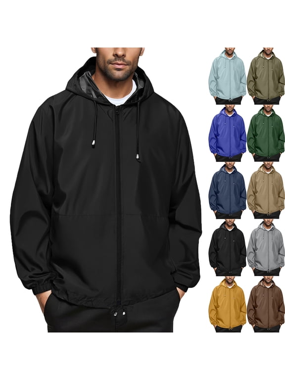 Summer Autumn Mens Rain Jacket Raincoat Windbreaker Running Waterproof Lightweight Packable with Hood Travel Hiking Cycling Trendy Coat for Outdoors Activities Plus Size