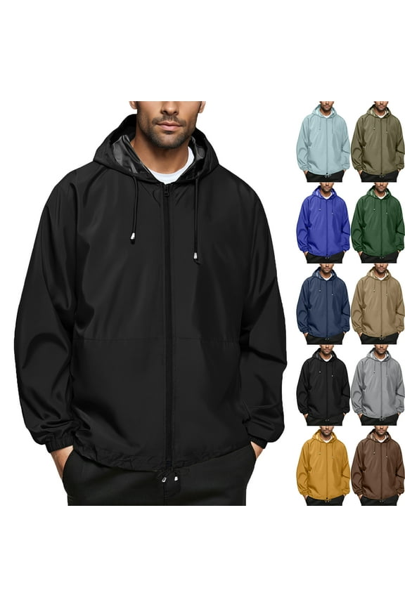 Summer Autumn Mens Rain Jacket Raincoat Windbreaker Running Waterproof Lightweight Packable with Hood Travel Hiking Cycling Trendy Coat for Outdoors Activities Plus Size