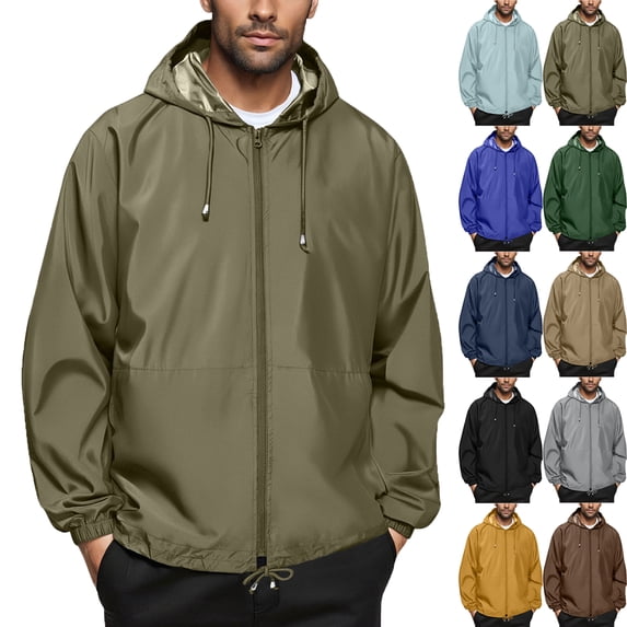 Summer Autumn Mens Rain Jacket Raincoat Windbreaker Running Waterproof Lightweight Packable with Hood Travel Hiking Cycling Trendy Coat for Outdoors Activities Plus Size