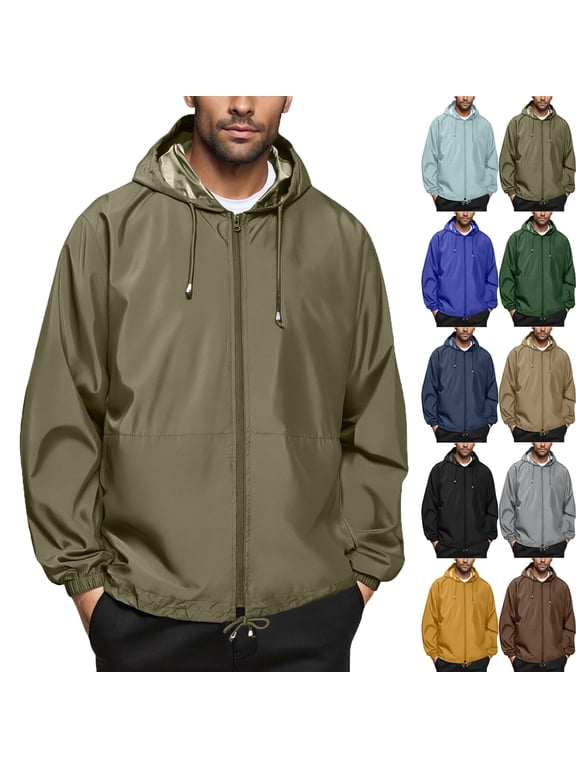 Summer Autumn Mens Rain Jacket Raincoat Windbreaker Running Waterproof Lightweight Packable with Hood Travel Hiking Cycling Trendy Coat for Outdoors Activities Plus Size