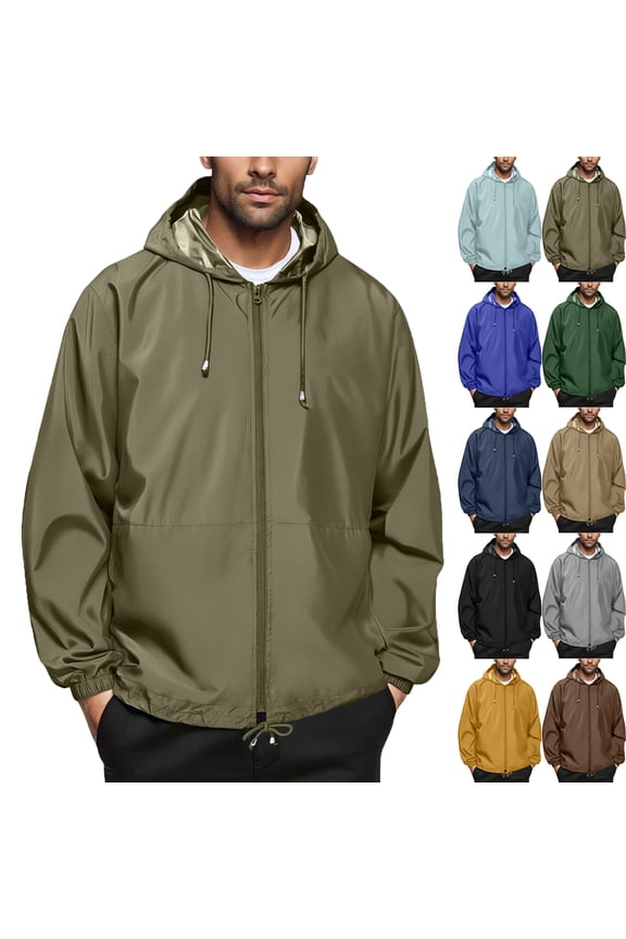 Summer Autumn Mens Rain Jacket Raincoat Windbreaker Running Waterproof Lightweight Packable with Hood Travel Hiking Cycling Trendy Coat for Outdoors Activities Plus Size
