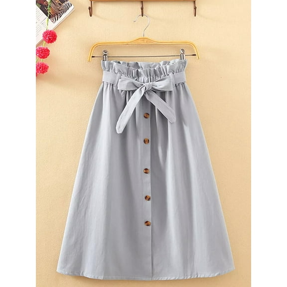 Summer Autumn Skirts Womens Midi Knee Length Korean Elegant Button High Waist Skirt Female Pleated School Skirt