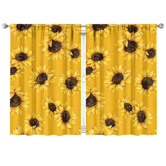 Summer Autumn Sunflower Curtains Set - Vintage Watercolor Floral Yellow Boho Window Treatment Panels