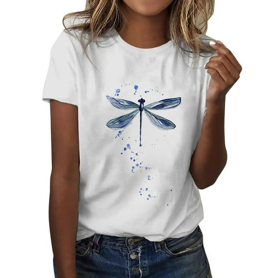 Summer Autumn Womens T Shirts Short Sleeve O Neck Simple Floral Print Pullover Loose Comfortable Tunic Top Navy S