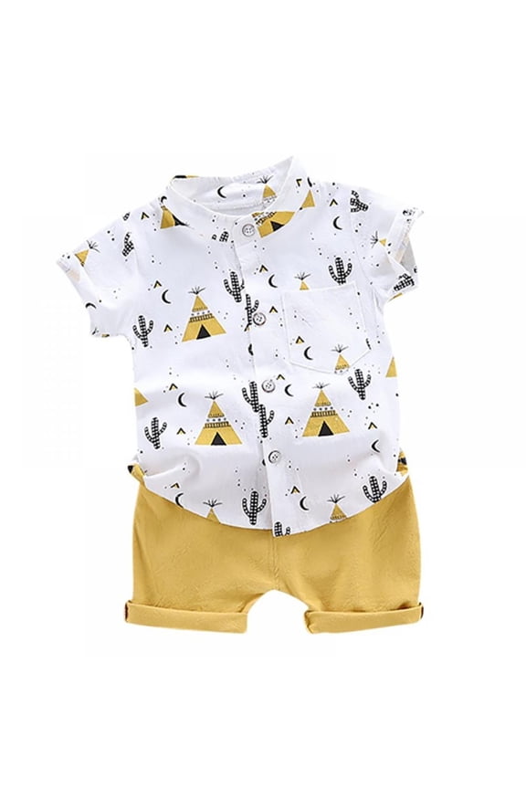 Summer Baby Boys Casual Short Sleeve Floral Pyramid Print T-shirt Tops+Shorts Costume Set