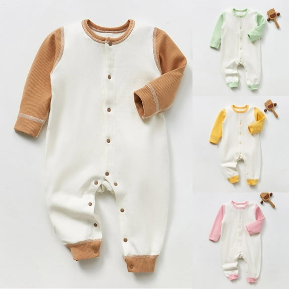 Summer Baby Boys Clothing Agkizg Baby Boys Bodysuits, Baby Boys Long Sleeves Rompers, Male and Female Babies Bodysuit Color Block Button Knitted Long Sleeved Round Neck Jumpsuit