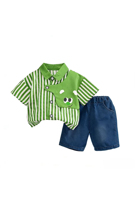 Summer Baby Boys' Clothing Set Fashion Cartoon Style Collar T-shirt+Cowboy Shorts 2-piece Set