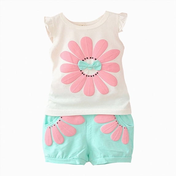 Summer Baby Girl Clothing Set 2pcs Cute Short Sleeve+Shorts Casual Versatile Baby Girl Clothing Green 3-4 Years