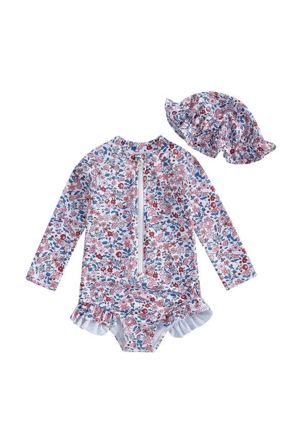 Summer Baby Girl Swimsuit Floral Print Zipper Rash Guard Long Sleeve with Swim Cap Strawberry Crew Neck Bathing Suit for Pink 0 Months-3 Months