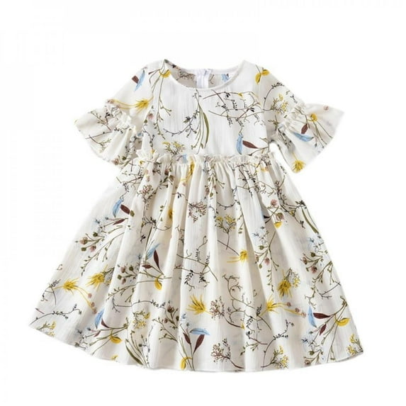 Summer Baby Girls Dress Casual Flower Infant Cute Floral Short Sleeve Dresses Pageant Sundress White 130