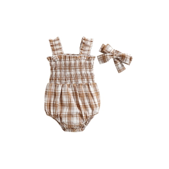 Summer Baby Girls Romper, Infant Sweet Style Plaid Pattern Lace Ruched Sleeveless Suspender Jumpsuit + Headwear