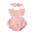 thumbnail image 1 of Summer Baby Jumpsuit Ruffled Rainbow Print Lace Up Backless Jumpsuit Baby Headband Romper 2 Piece Set Pink, 1 of 9