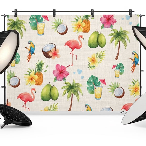 Summer Backdrop for Photography, Flamingo Leaves Floral Coconut Papaya Linen Photo Backdrop Portrait Background Party Banner Photo Backgrounds for Studio Booth Props, 7x5ft