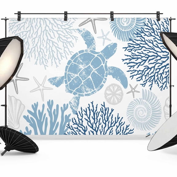 Summer Backdrop for Photography, Navy Blue Grey Coastal Ocean Sea Turtle Coral Seashell Photo Backdrop Portrait Background Party Banner Photo Backgrounds for Studio Booth Props, 12x8ft