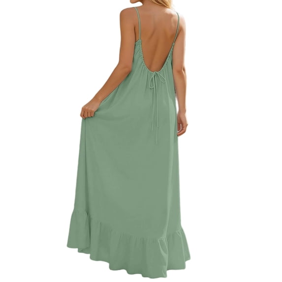 Summer Backless Cami Dress Womens Spaghetti Strap Swing Flowy Dresses Open Back Ruffle Hem Maxi Sundress Army Green, M