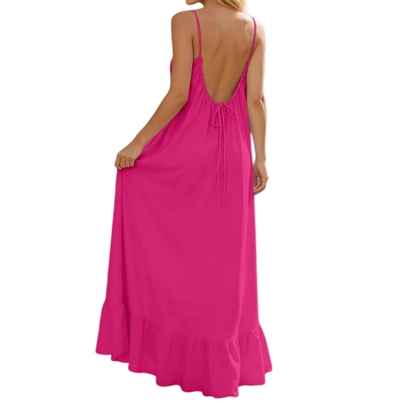Summer Backless Cami Dress Womens Spaghetti Strap Swing Flowy Dresses Open Back Ruffle Hem Maxi Sundress Hot Pink, 2XL