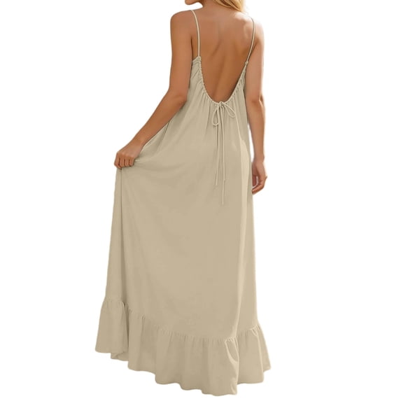 Summer Backless Cami Dress Womens Spaghetti Strap Swing Flowy Dresses Open Back Ruffle Hem Maxi Sundress Khaki, L