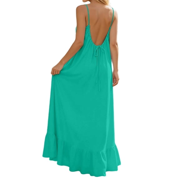 Summer Backless Cami Dress Womens Spaghetti Strap Swing Flowy Dresses Open Back Ruffle Hem Maxi Sundress Mint Green, 2XL