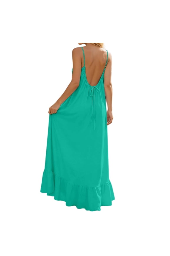 Summer Backless Cami Dress Womens Spaghetti Strap Swing Flowy Dresses Open Back Ruffle Hem Maxi Sundress Mint Green, S