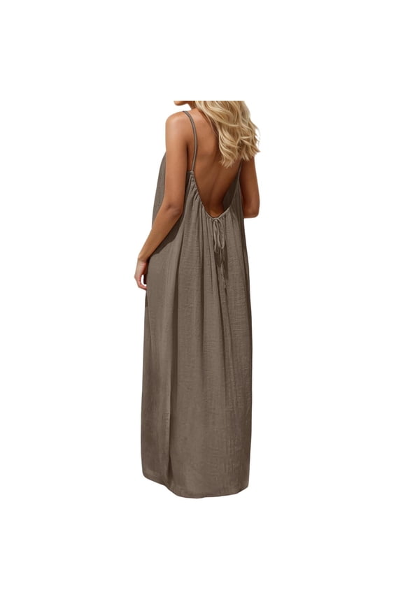 Summer Backless Cami Dresses for Women, Solid Color Sleeveless House Dress Long Sundress with Back Tie