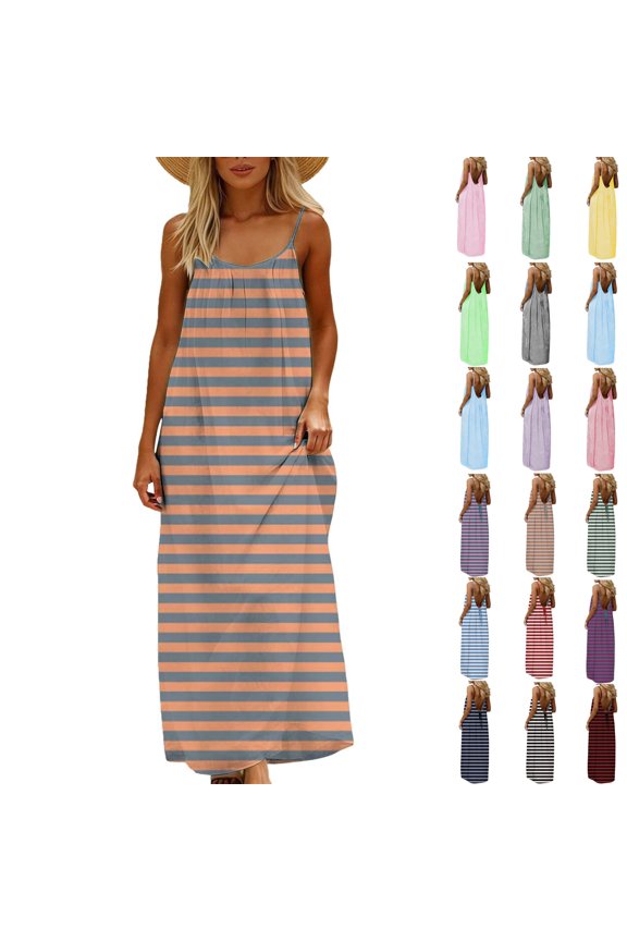 Summer Backless Dresses for Women 2026 Casual Plus Size Sleeveless Stripe Crew Neck Cute Beach Maxi Dresses B-Khaki S-3XL